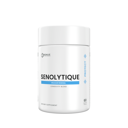 A white cylindrical supplement bottle labeled SENOLYTIQUE Cellular Mineral Longevity Blend by Denue Labs, shown on a plain white background.