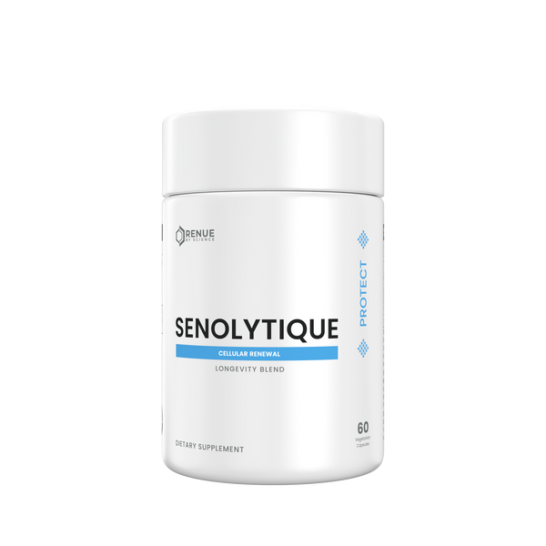 A white cylindrical supplement bottle labeled SENOLYTIQUE Cellular Mineral Longevity Blend by Denue Labs, shown on a plain white background.