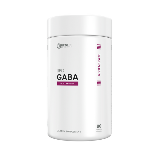A white cylindrical supplement bottle labeled 'BENUE HEALTH' and 'LIPO GABA HEALTHY SLEEP' on a plain white background.