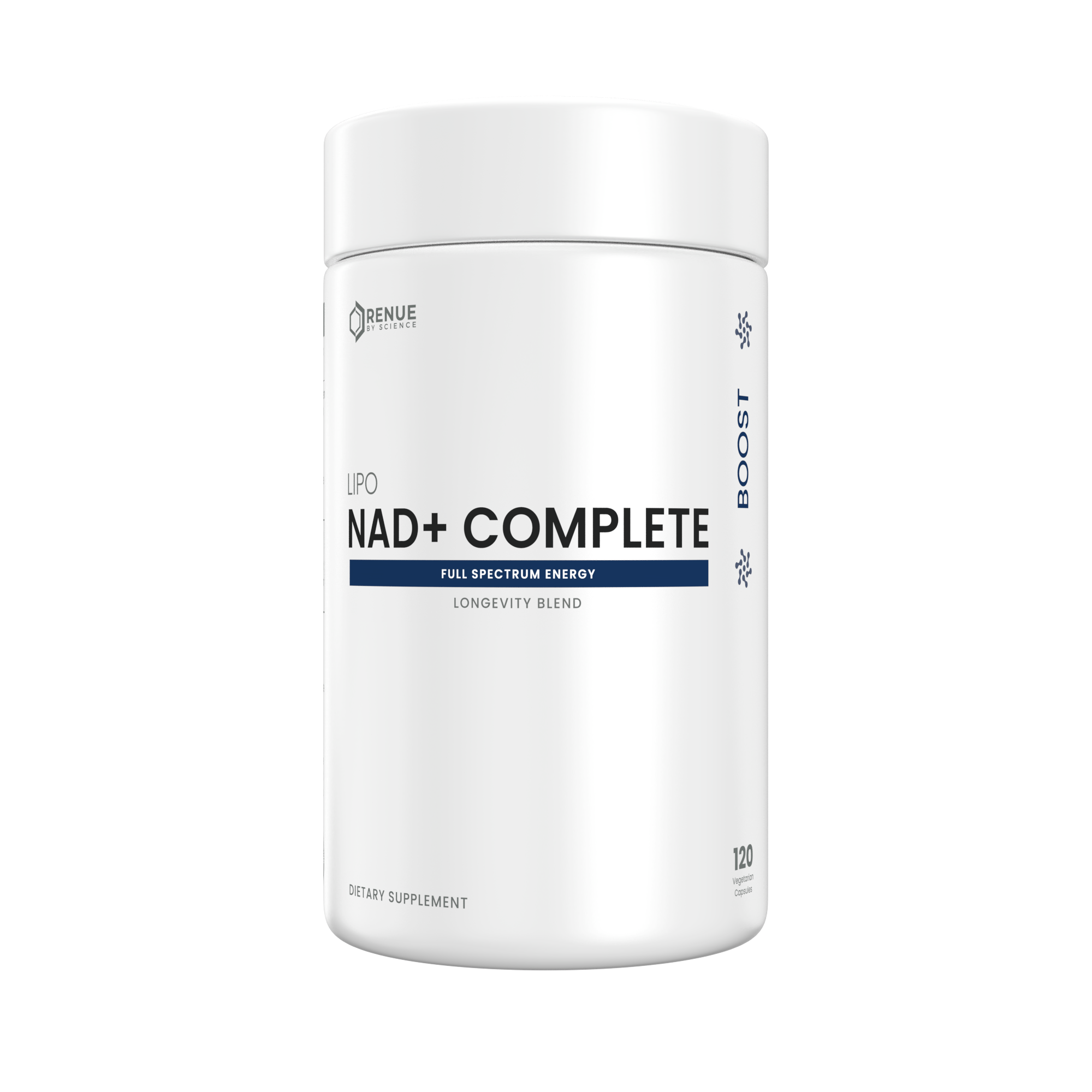 A white cylindrical supplement bottle labeled 'BENUE NAD+ COMPLETE' on a plain white background.