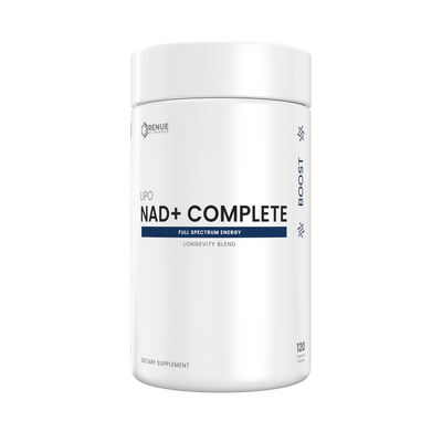 A white cylindrical supplement bottle labeled 'BENUE NAD+ COMPLETE' on a plain white background.