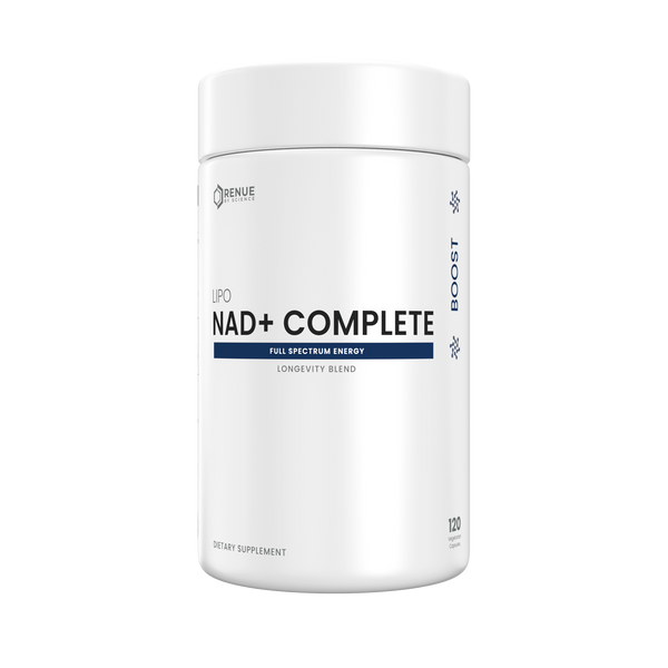 A white cylindrical supplement bottle labeled 'BENUE NAD+ COMPLETE' on a plain white background.