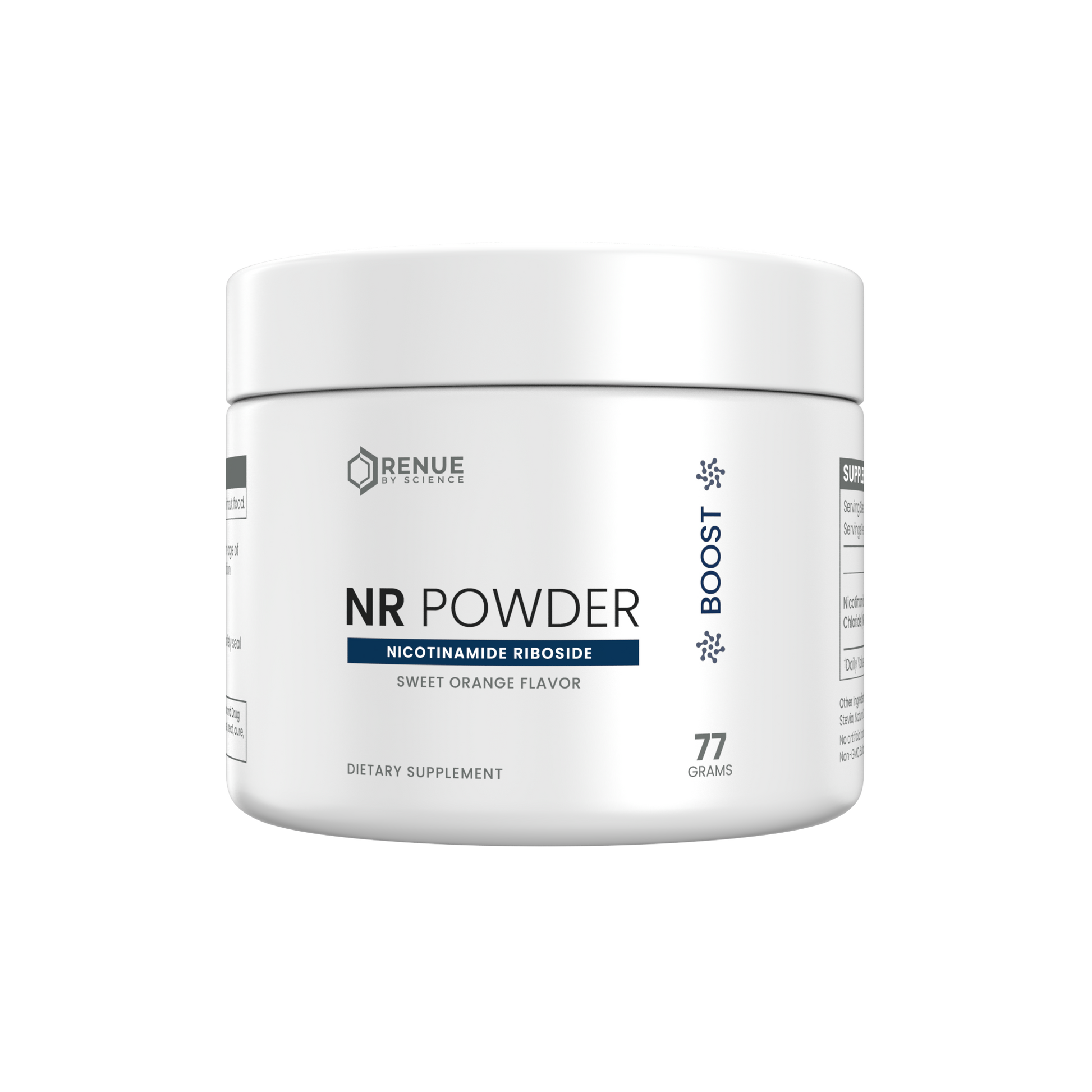 A white plastic jar of Renue Institute NR Powder dietary supplement, featuring a white lid and a white label with black and navy text, on a solid white background.