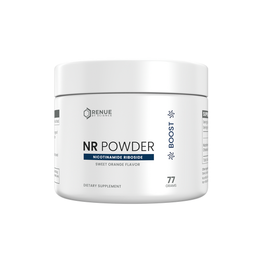 A white plastic jar of Renue Institute NR Powder dietary supplement, featuring a white lid and a white label with black and navy text, on a solid white background.