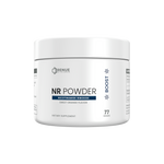 A white plastic jar of Renue Institute NR Powder dietary supplement, featuring a white lid and a white label with black and navy text, on a solid white background.