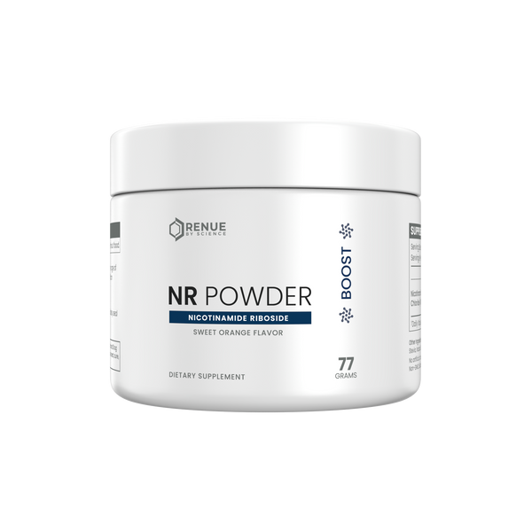A white plastic jar of Renue Institute NR Powder dietary supplement, featuring a white lid and a white label with black and navy text, on a solid white background.