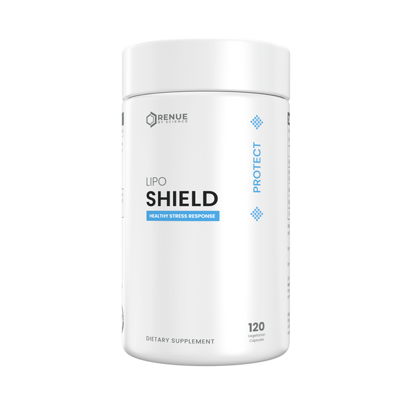 A white cylindrical supplement bottle labeled 'RENUE NATURES Lipo Shield' on a plain white background.