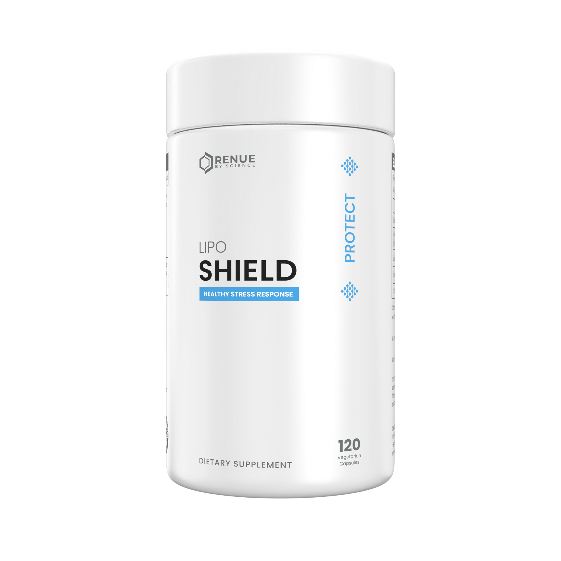 A white cylindrical supplement bottle labeled 'RENUE NATURES Lipo Shield' on a plain white background.