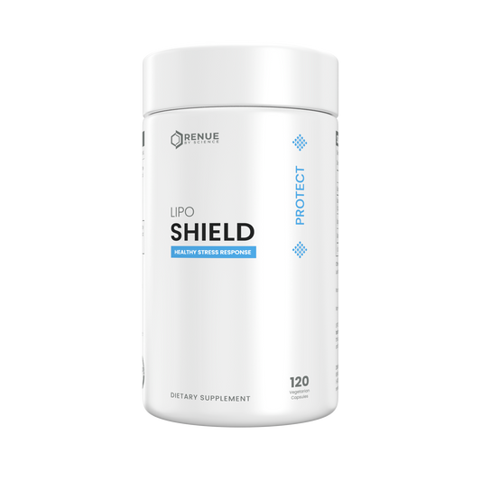 A white cylindrical supplement bottle labeled 'RENUE NATURES Lipo Shield' on a plain white background.
