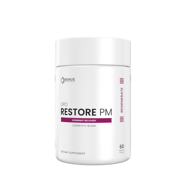A white plastic bottle of Renue Labs Lipo Restore PM dietary supplement, featuring a clean white label with purple accents and black text, set against a plain white background.
