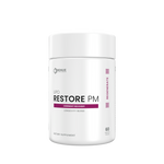 A white plastic bottle of Renue Labs Lipo Restore PM dietary supplement, featuring a clean white label with purple accents and black text, set against a plain white background.
