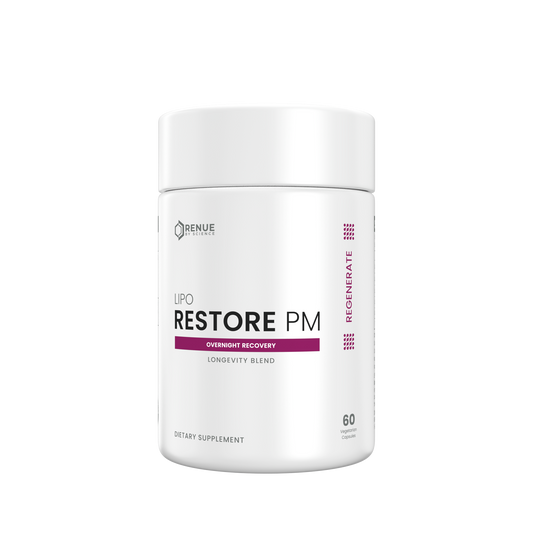 A white plastic bottle of Renue Labs Lipo Restore PM dietary supplement, featuring a clean white label with purple accents and black text, set against a plain white background.