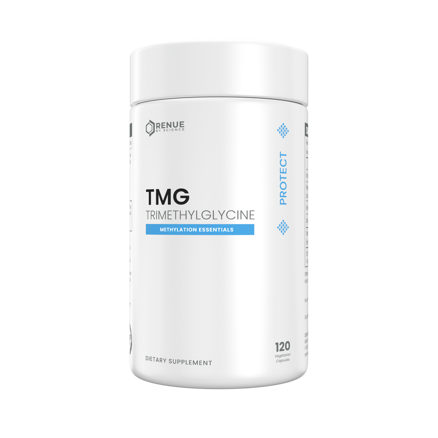 A white cylindrical bottle of Renue Labs TMG Trimethylglycine dietary supplement, featuring a clean white label with blue accents and black text, set against a plain white background.