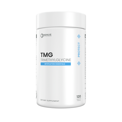 A white cylindrical bottle of Renue Labs TMG Trimethylglycine dietary supplement, featuring a clean white label with blue accents and black text, set against a plain white background.