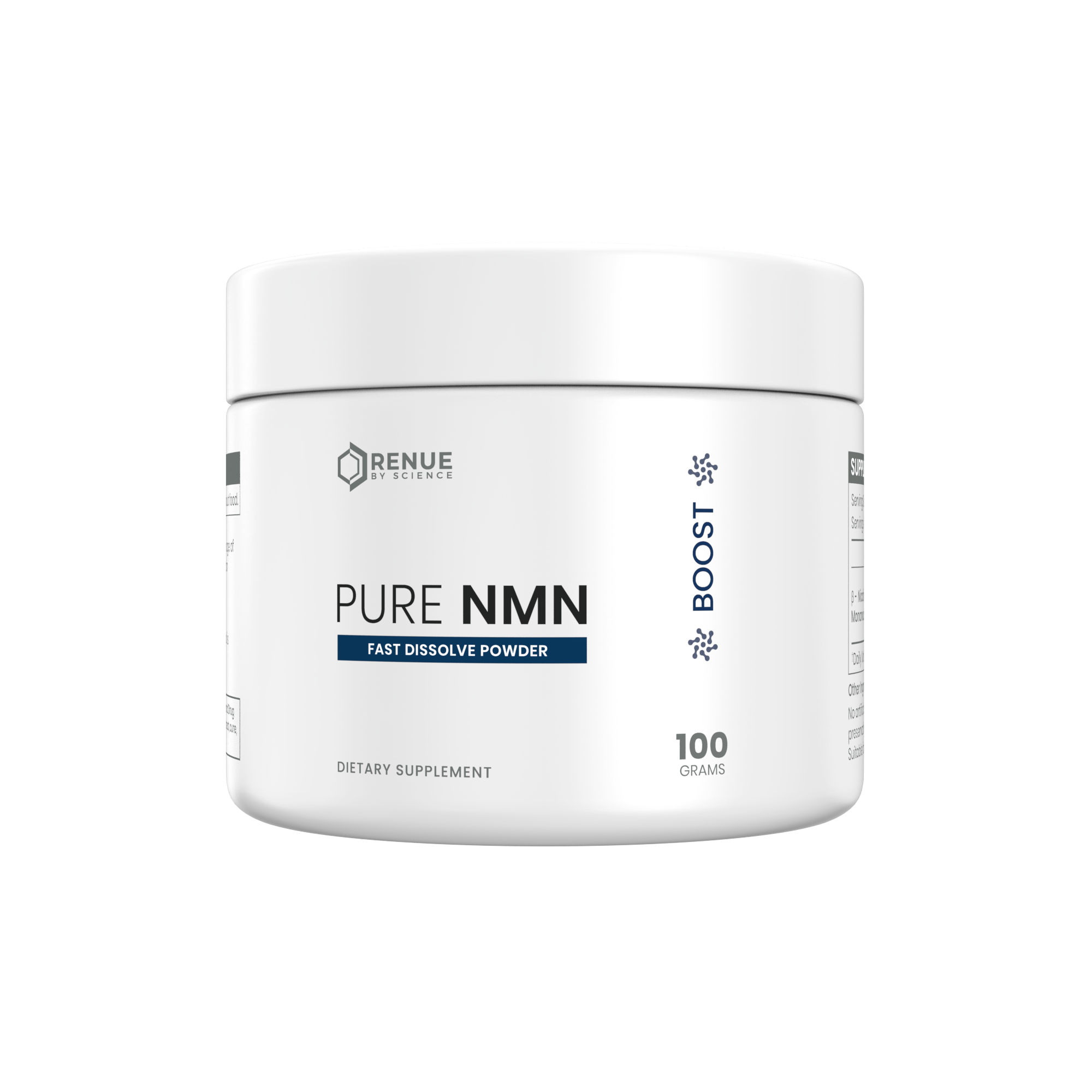 A white plastic jar of Renue Labs Pure NMN dietary supplement powder, 100 grams, on a solid white background.