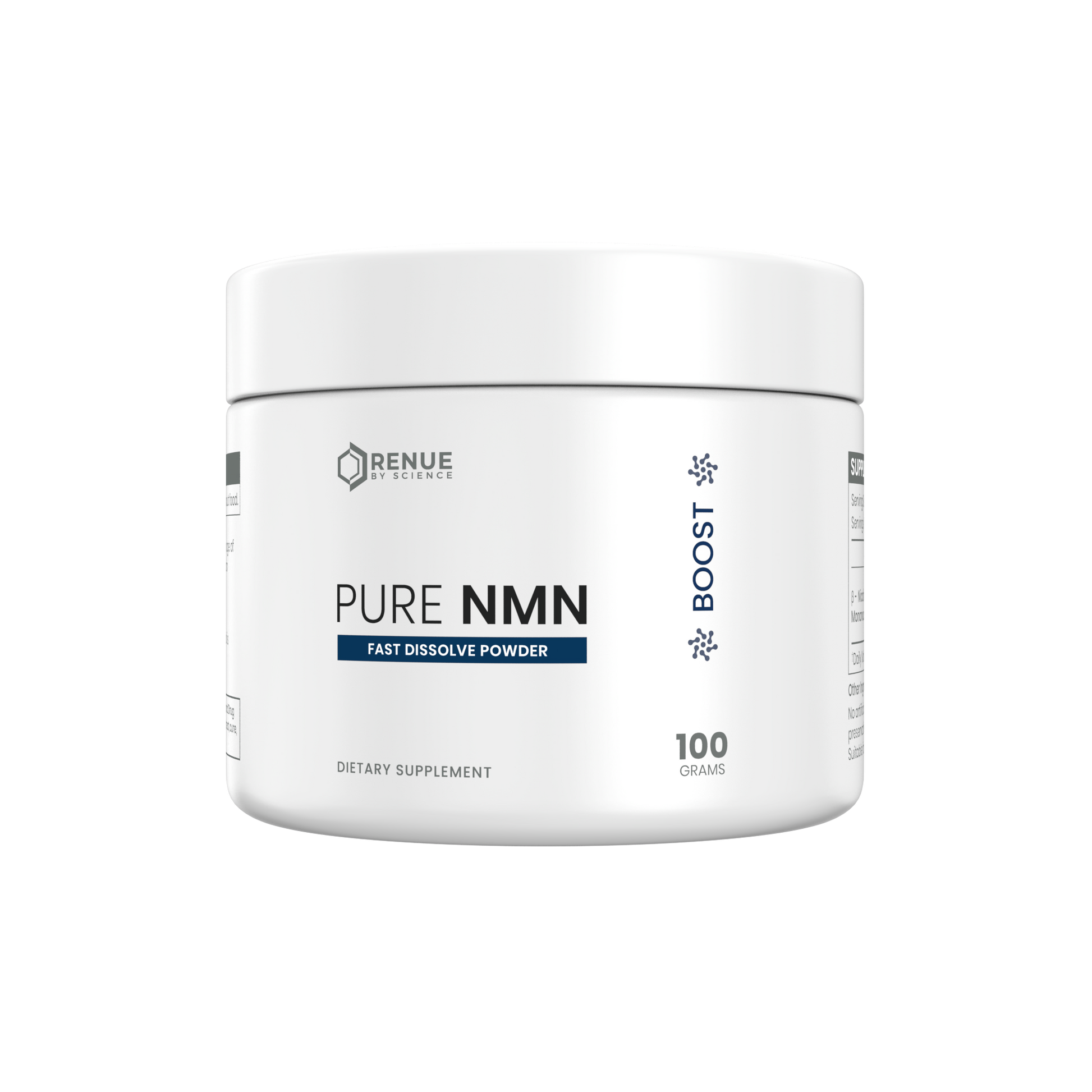 A white plastic jar of Renue Labs Pure NMN dietary supplement powder, 100 grams, on a solid white background.