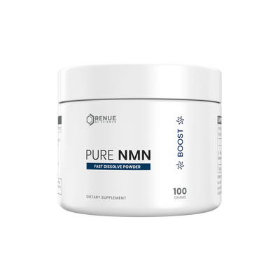A white plastic jar of Renue Labs Pure NMN dietary supplement powder, 100 grams, on a solid white background.