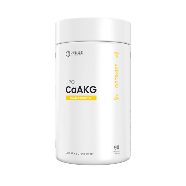 A white cylindrical supplement bottle labeled 'RENUE NATURALS LipO CaAKG' with yellow accents on a plain white background.