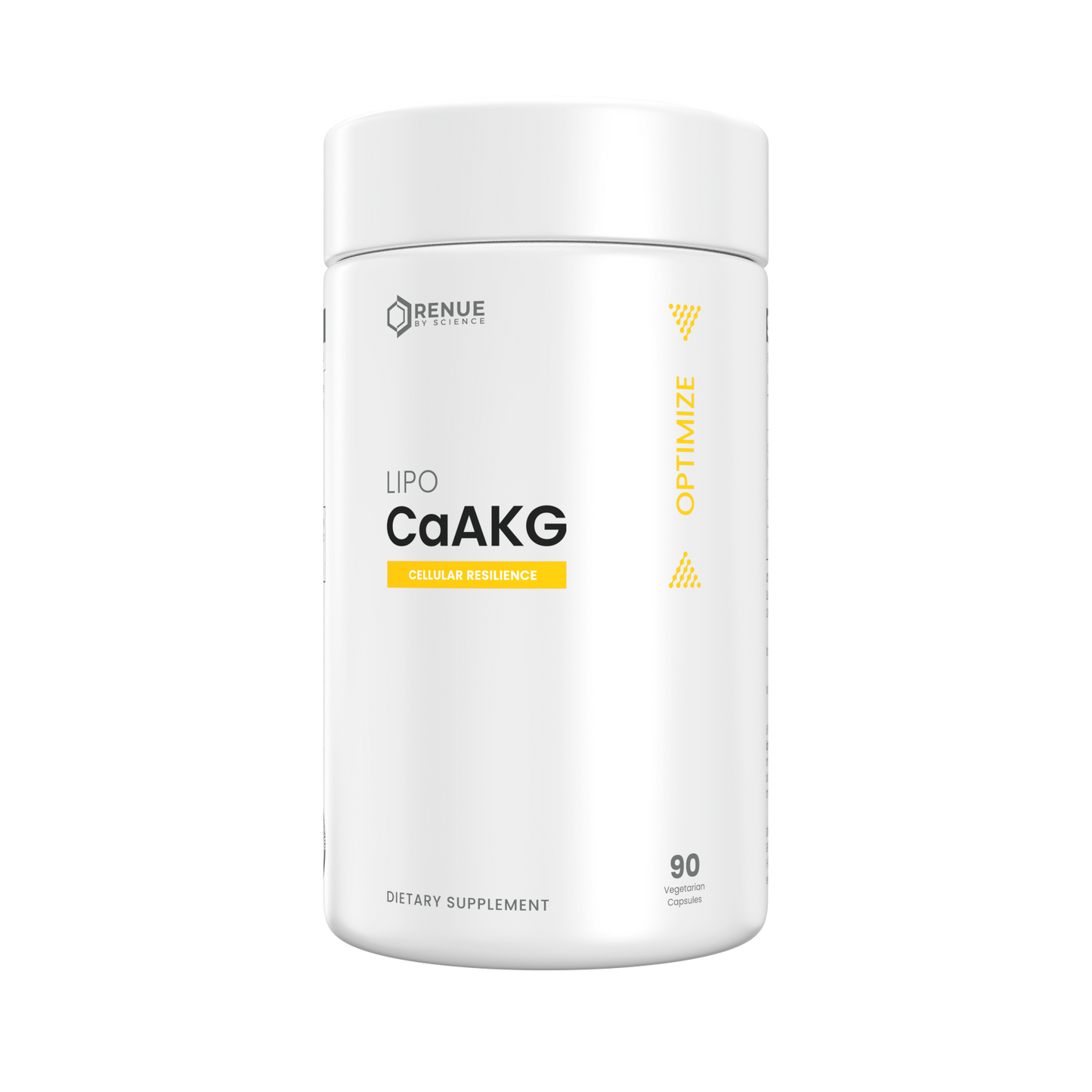 A white cylindrical supplement bottle labeled 'RENUE NATURALS LipO CaAKG' with yellow accents on a plain white background.