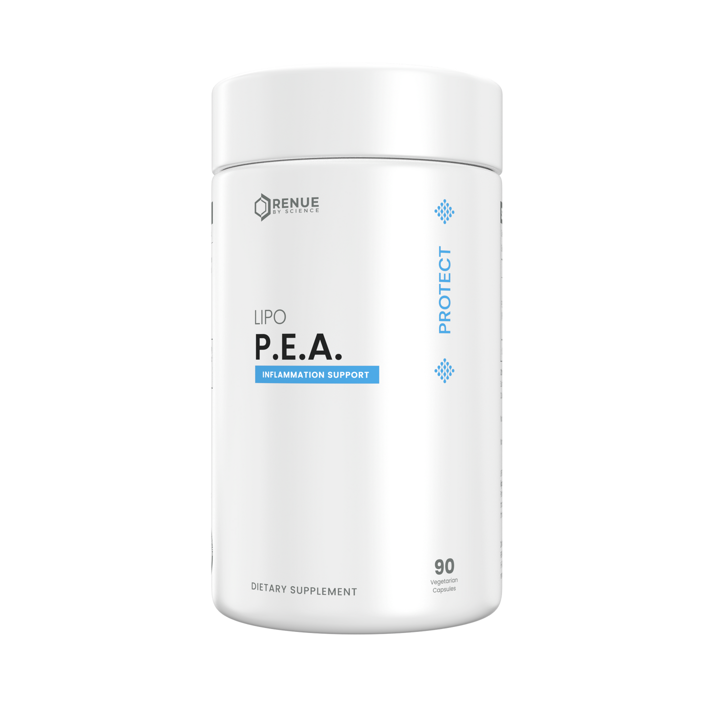 A white cylindrical supplement bottle labeled 'RENUE LABS P.E.