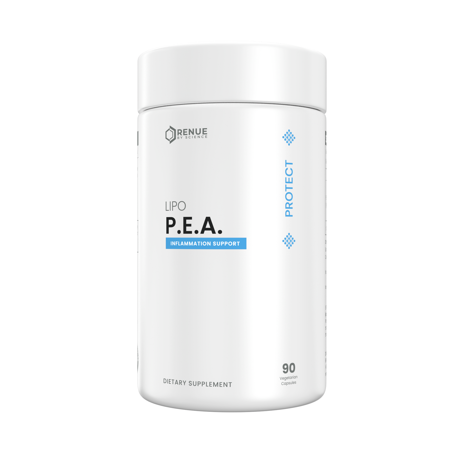 A white cylindrical supplement bottle labeled 'RENUE LABS P.E.