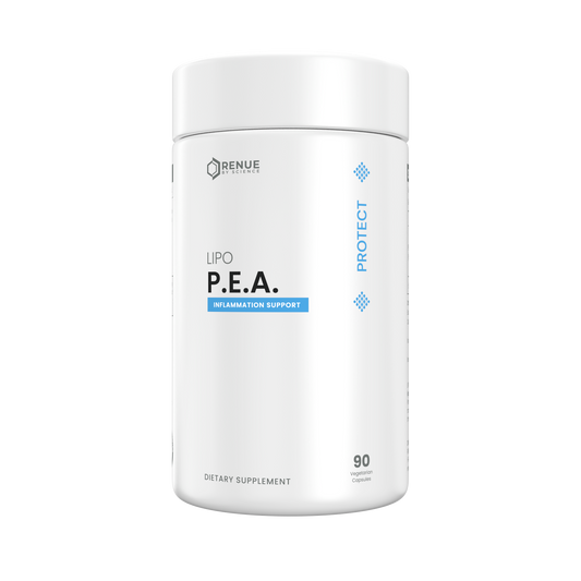 A white cylindrical supplement bottle labeled 'RENUE LABS P.E.
