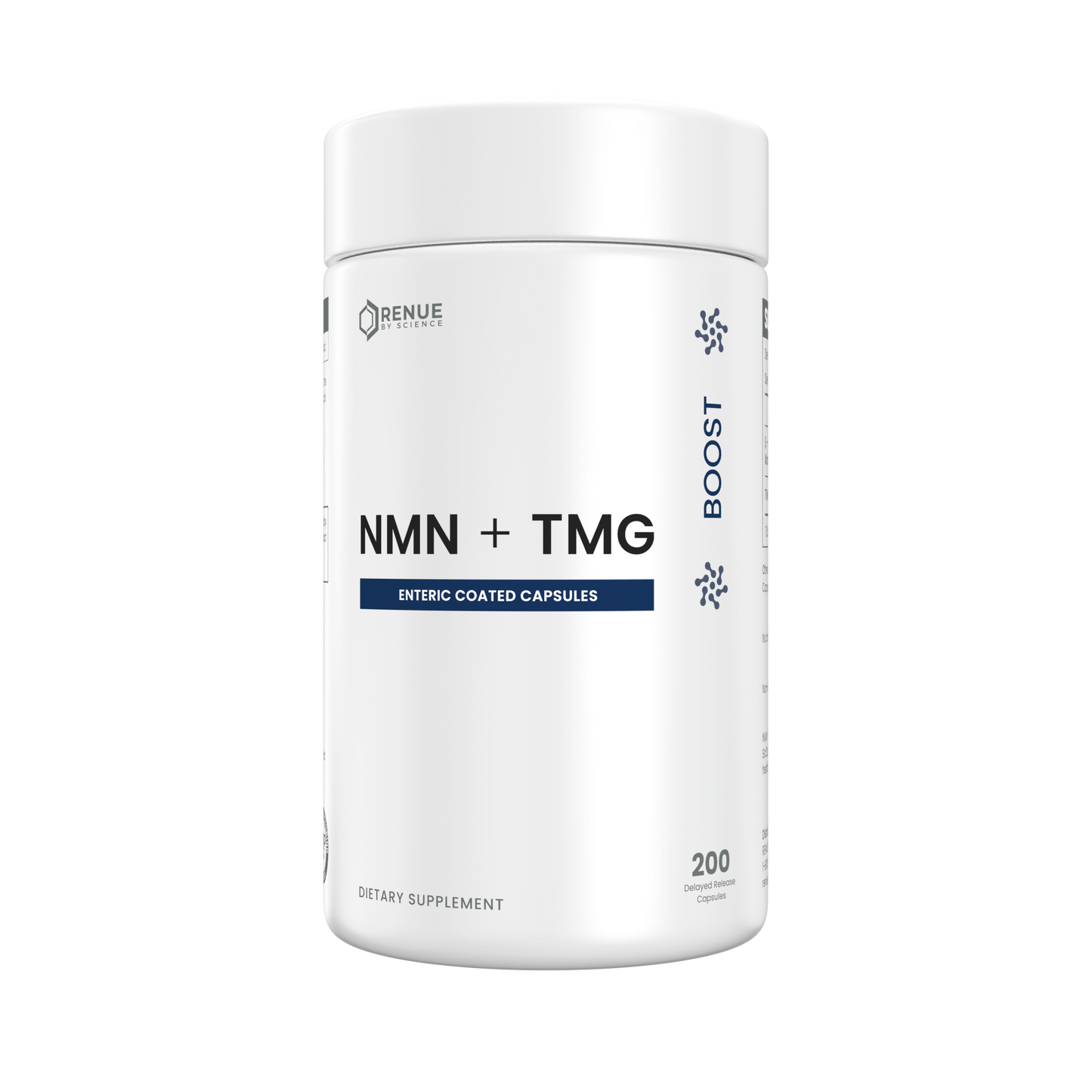 A white cylindrical supplement bottle labeled 'NMN + TMG' with 'ENTERIC COATED CAPSULES' and '200' capsules, on a plain white background.