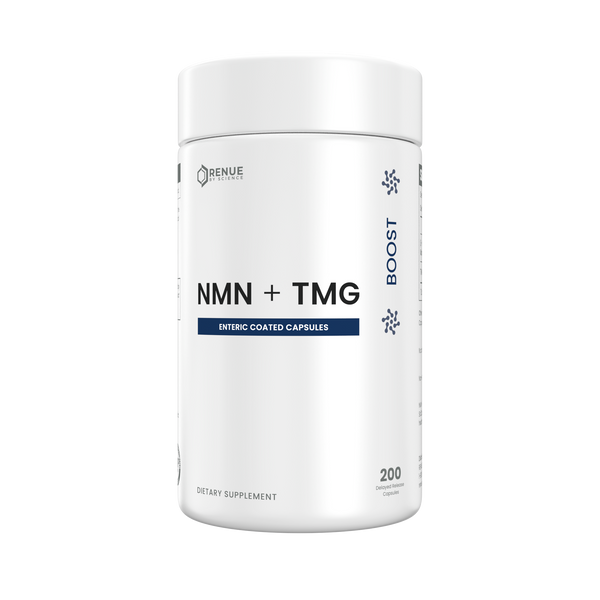 A white cylindrical supplement bottle labeled 'NMN + TMG' with 'ENTERIC COATED CAPSULES' and '200' capsules, on a plain white background.