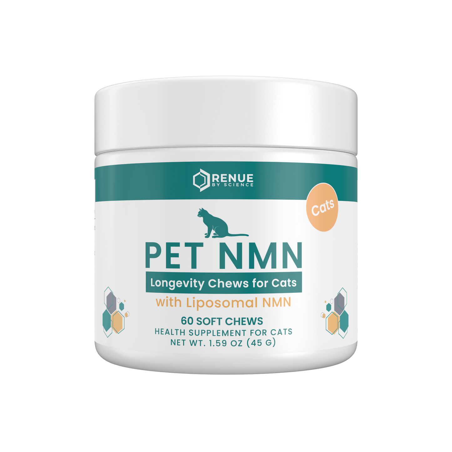 A white plastic jar of Renue Naturals Pet NMN Longevity Chews for Cats, featuring a teal and orange label on a clean white background.