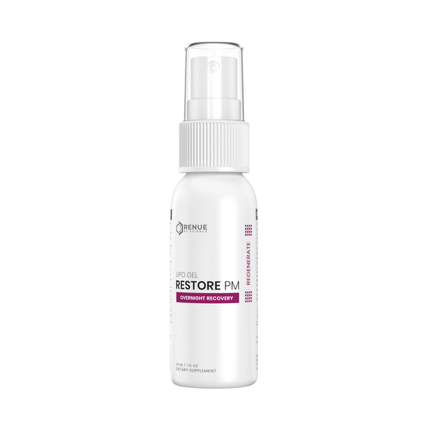 A white spray bottle of Benue Naturals Restore PM Overnight Recovery UPO Gel, featuring a clear cap and white label with purple accents, set against a plain white background.