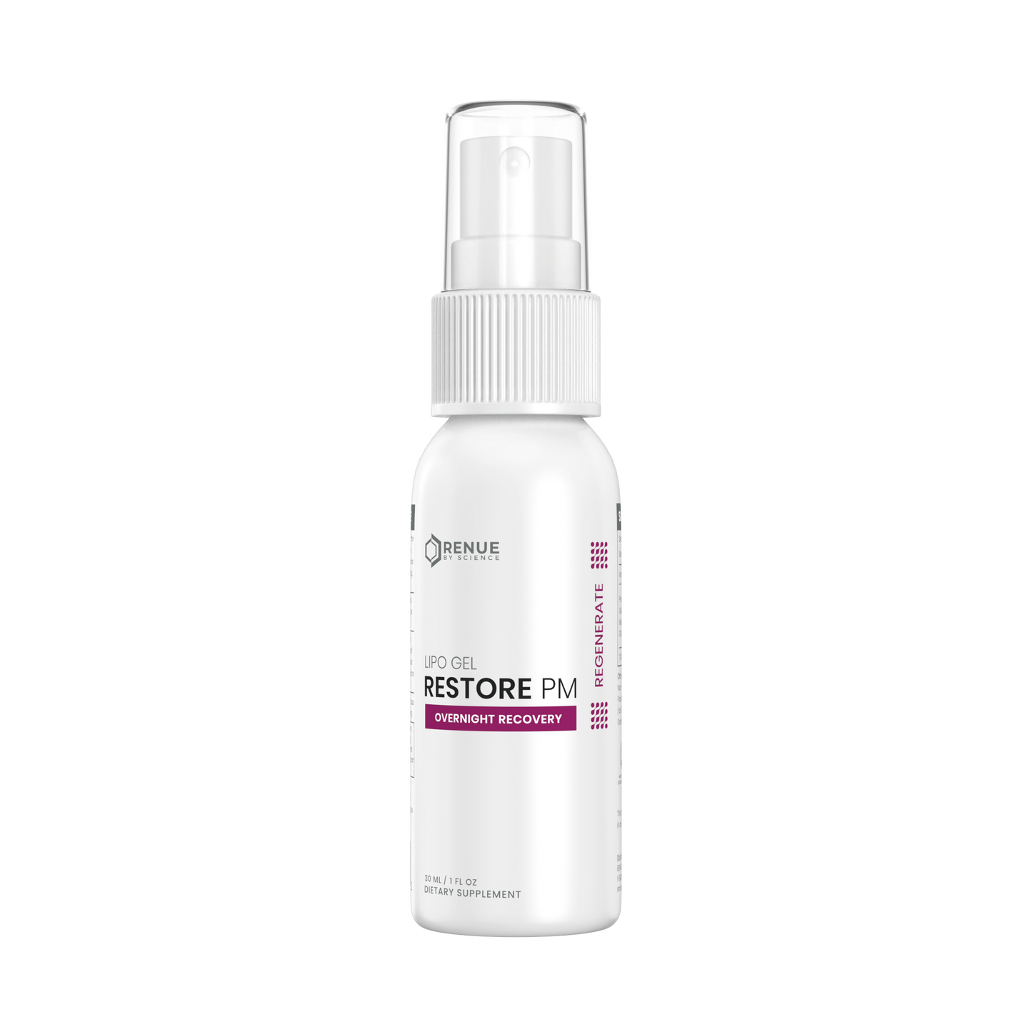 A white spray bottle of Benue Naturals Restore PM Overnight Recovery UPO Gel, featuring a clear cap and white label with purple accents, set against a plain white background.