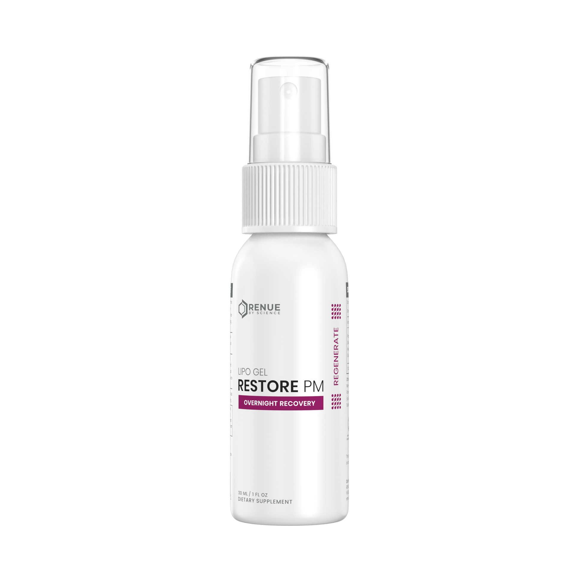 A white spray bottle of Benue Naturals Restore PM Overnight Recovery UPO Gel, featuring a clear cap and white label with purple accents, set against a plain white background.