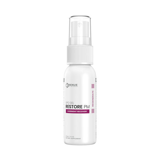 A white spray bottle of Benue Naturals Restore PM Overnight Recovery UPO Gel, featuring a clear cap and white label with purple accents, set against a plain white background.