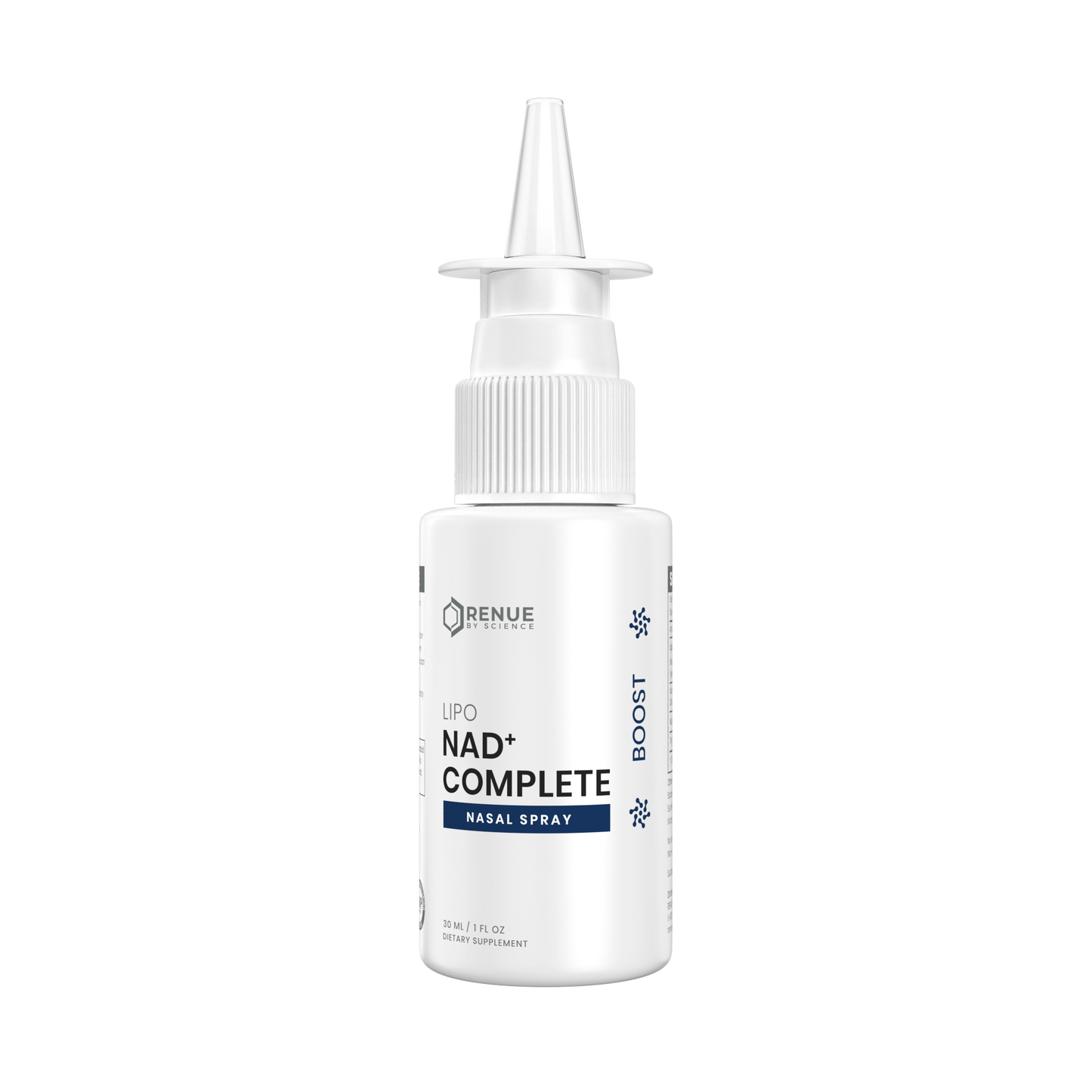 A white bottle of Renue Labs Uro NAD+ Complete Nasal Spray with a white plastic nozzle cap, shown on a solid white background.