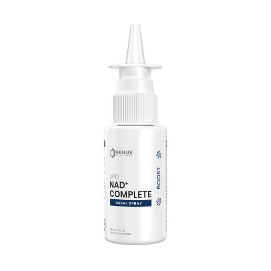 A white bottle of Renue Labs Uro NAD+ Complete Nasal Spray with a white plastic nozzle cap, shown on a solid white background.