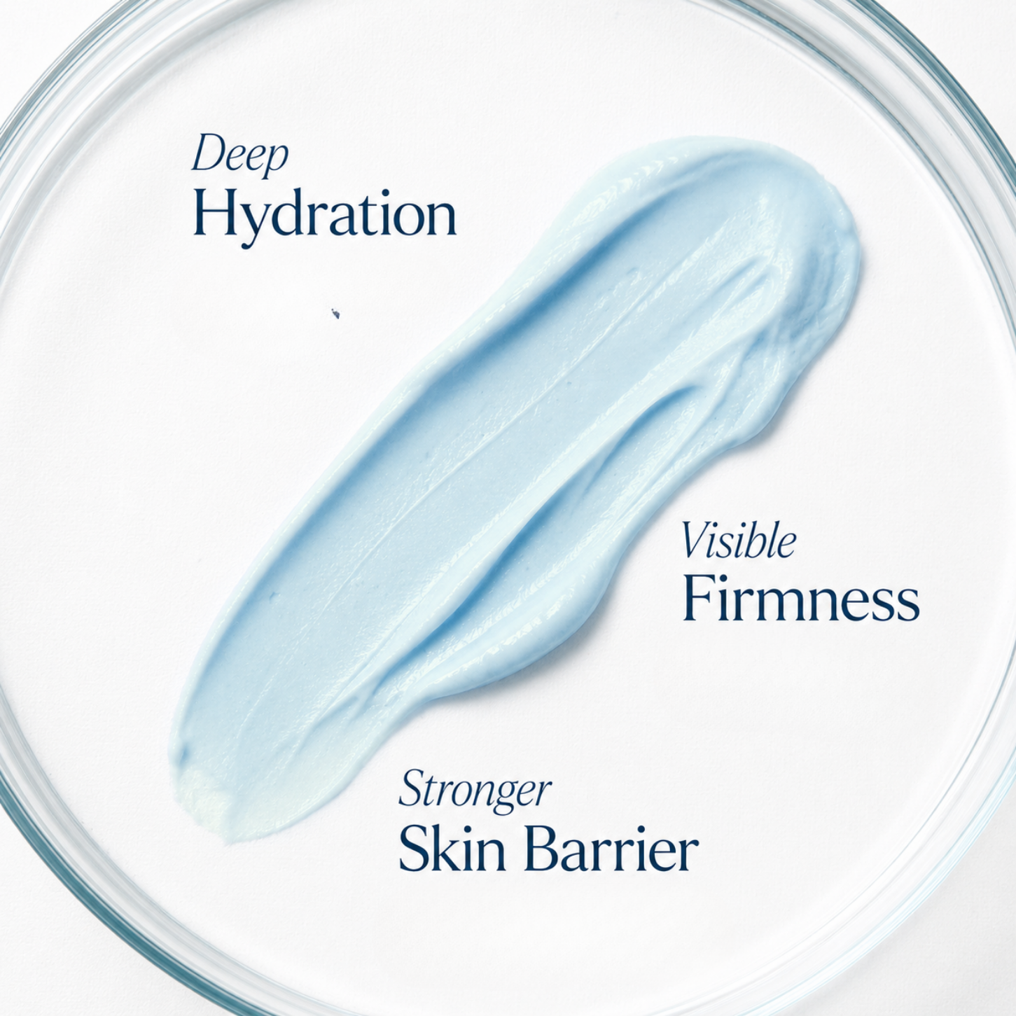 A close-up of a light blue cream swatch on a white background with text reading 'Deep Hydration,' 'Visible Firmness,' and 'Stronger Skin Barrier.'.