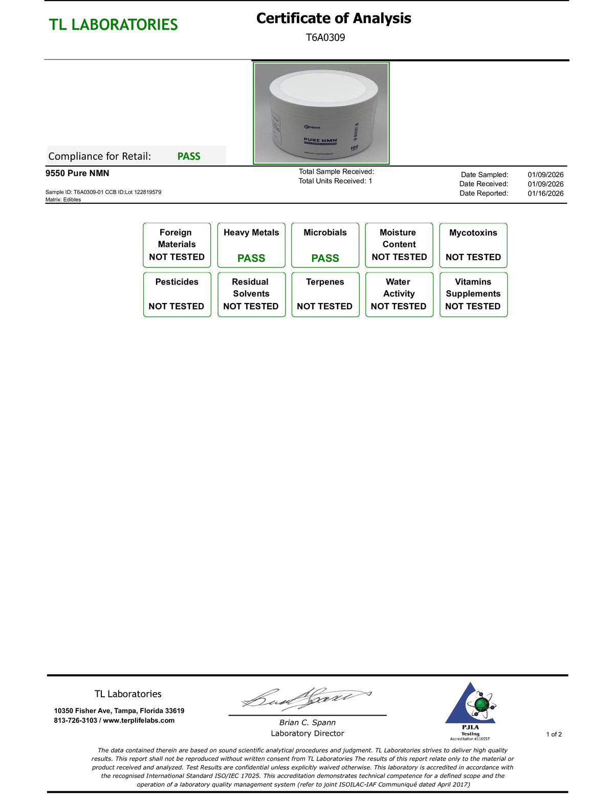 Certificate of Analysis from TL Laboratories with product image and test results.