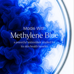 A circular glass petri dish filled with swirling blue and white methylene blue ink, with white text reading 'Made With Methylene Blue' and smaller text below about antioxidant benefits for skin health.