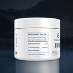 White supplement container with label on a dark background