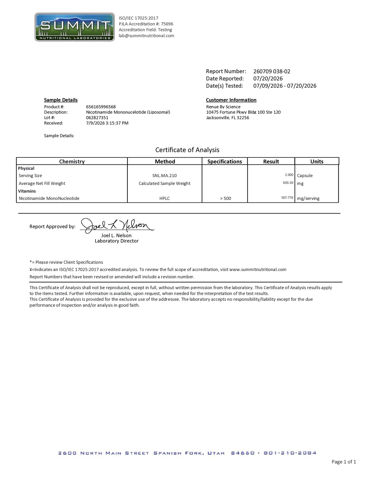 Summit laboratory analysis report on a white background