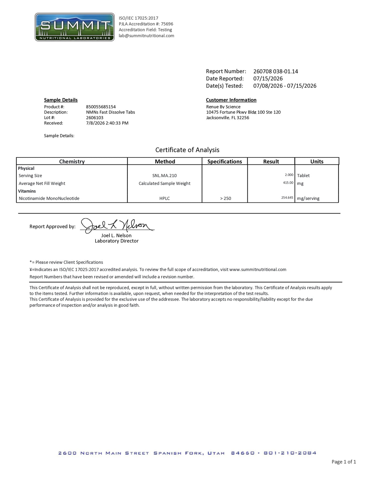 A document page titled 'Certificate of Analysis' from Summit Laboratories, showing sample details, report information, and a table with columns for chemistry, method, specifications, result, and units.