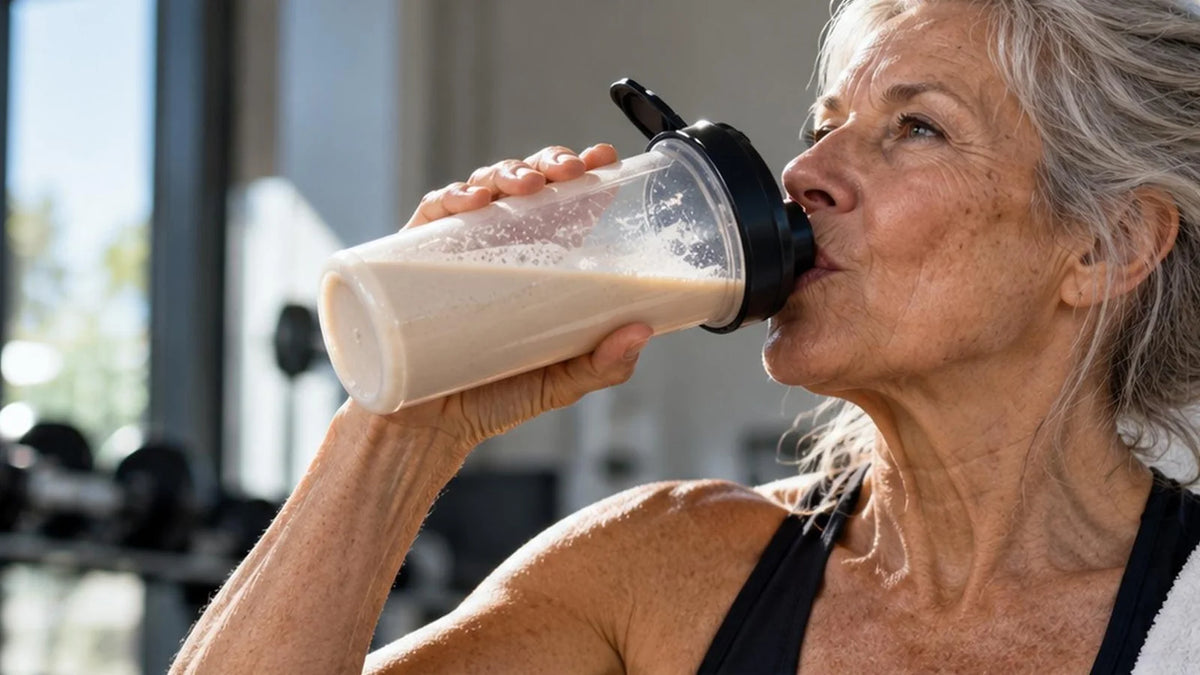 Older woman drinking a protein shake from a shaker bottle in a gym