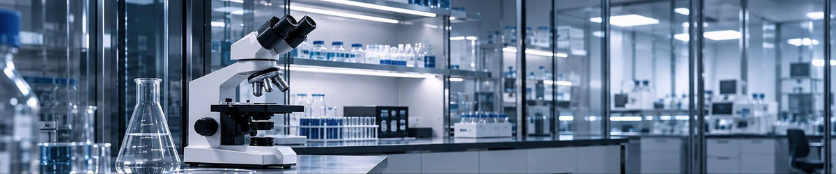 Modern research laboratory with a microscope and glass flasks on a bench