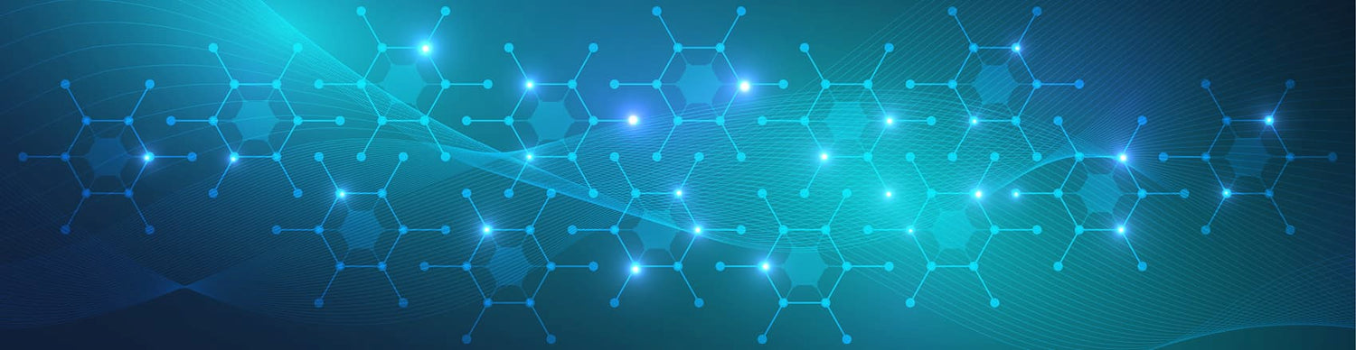 Geometric pattern with glowing hexagons on a dark blue background