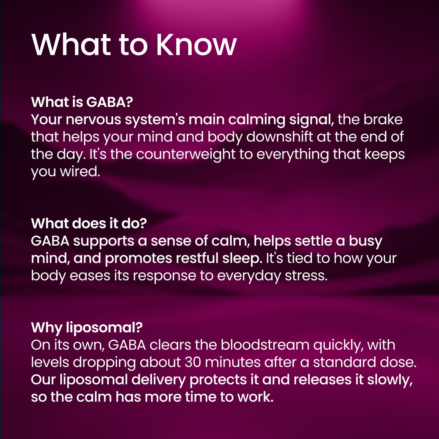 An informational graphic with a dark magenta and purple gradient background and white text titled 'What to Know,' explaining what GABA is, what it does, and why liposomal delivery is used.