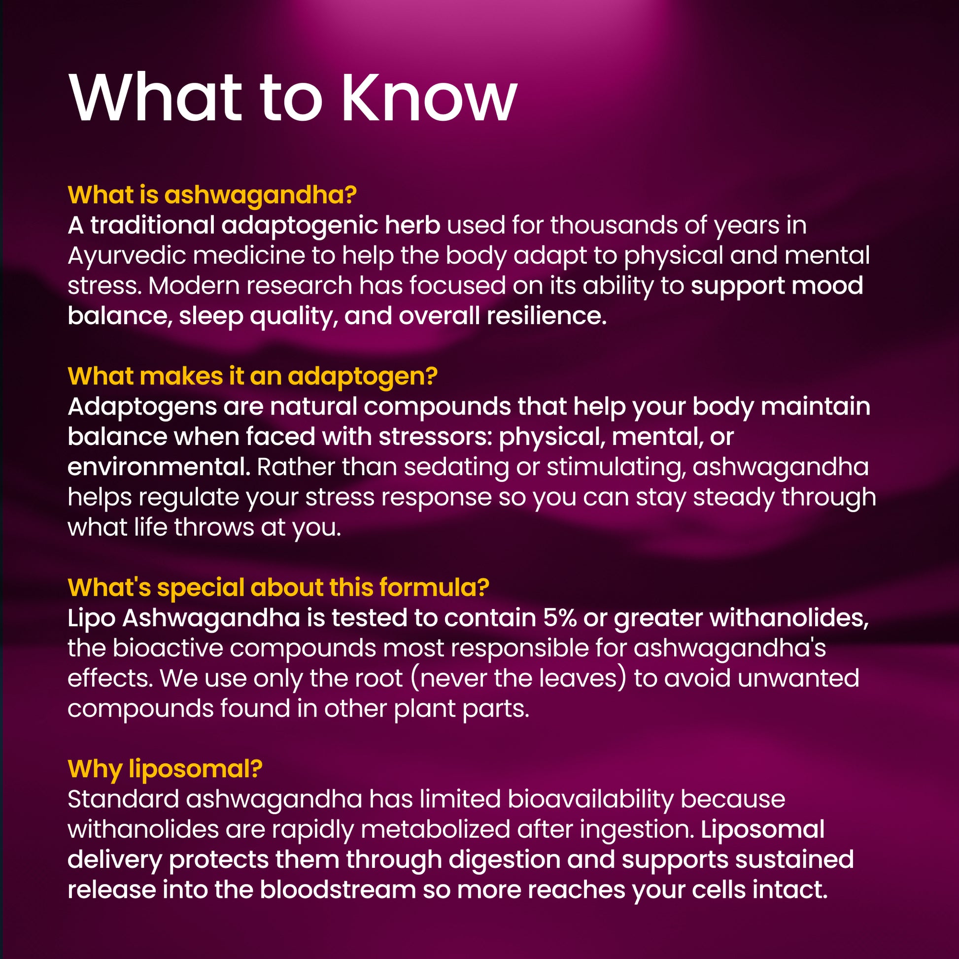 Information about ashwagandha on a purple background
