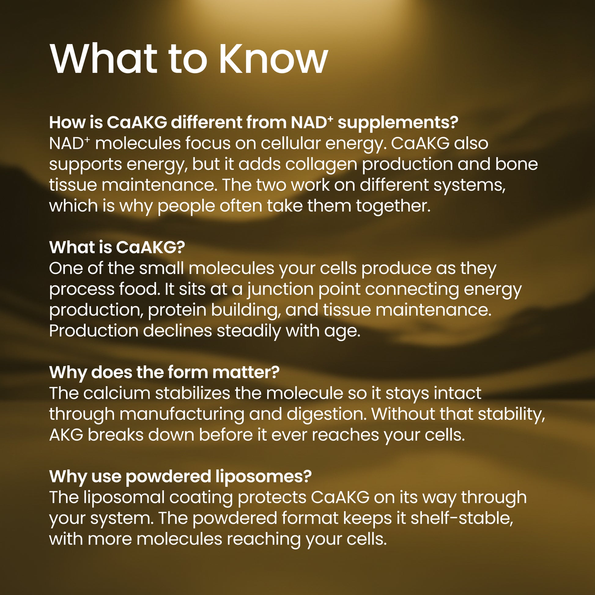 An informational graphic with a dark brown and gold gradient background and white text titled 'What to Know,' covering topics such as CaAKG vs NAD+ supplements, what CaAKG is, why the form matters, and why powdered liposomes are used.