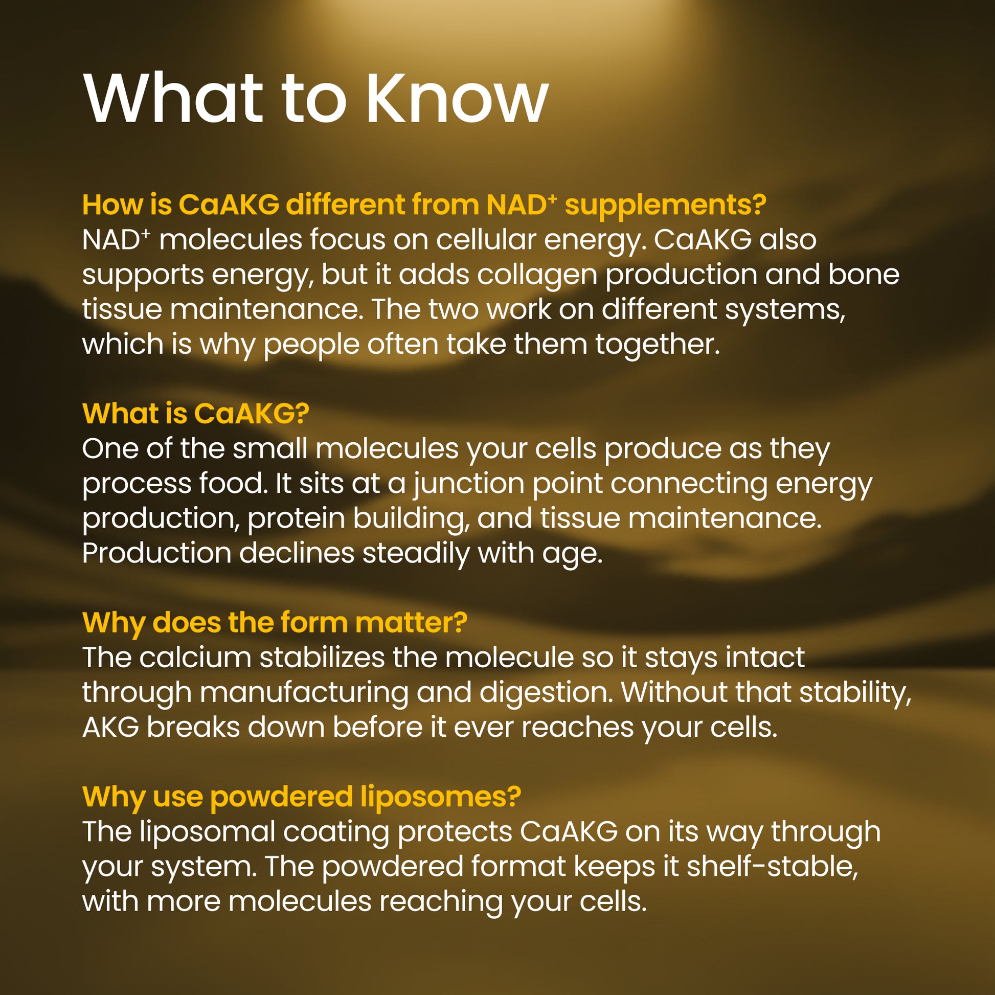Text explaining the differences between CaAKG and NAD+ supplements on a dark background