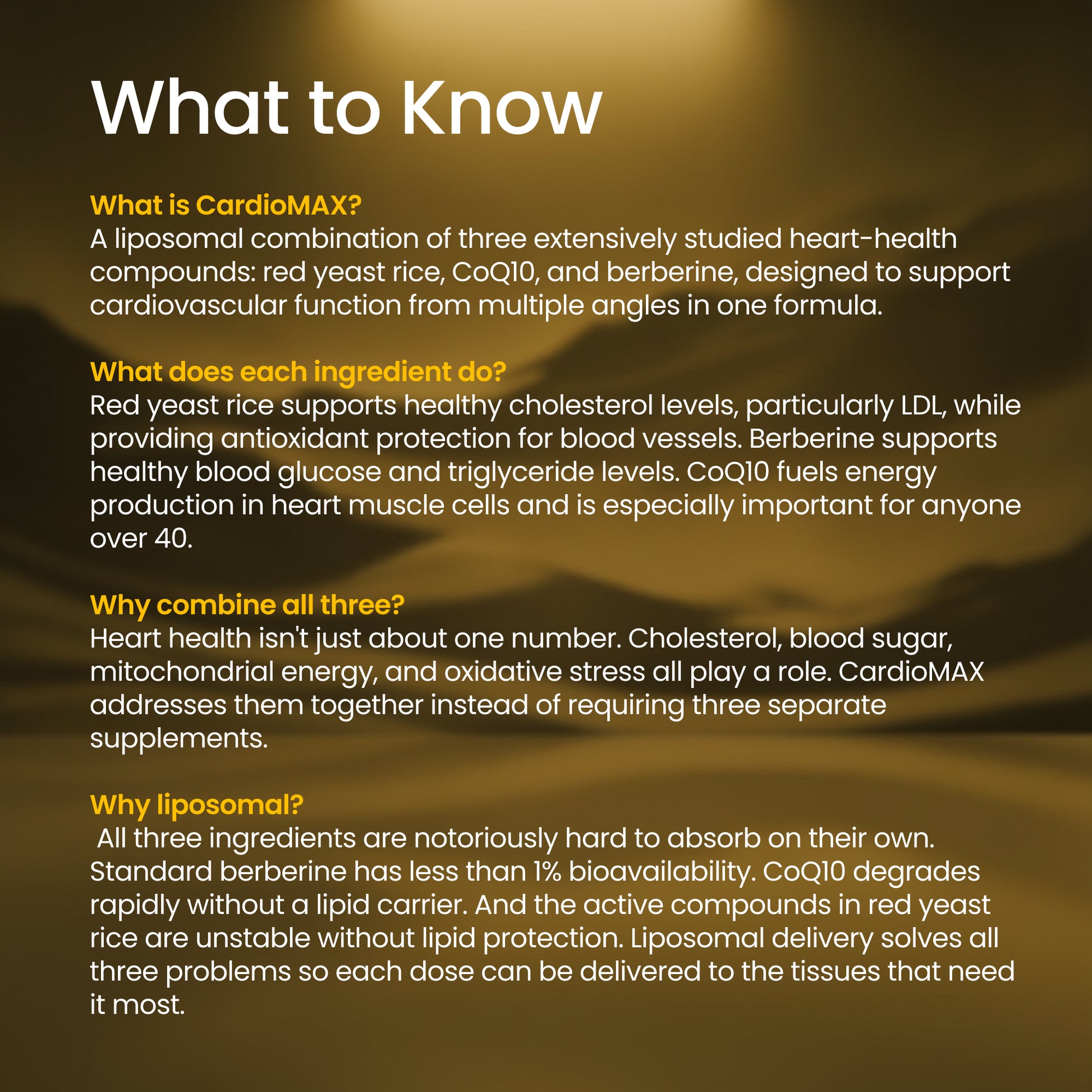Informational text about CardioMAX supplement on a dark background