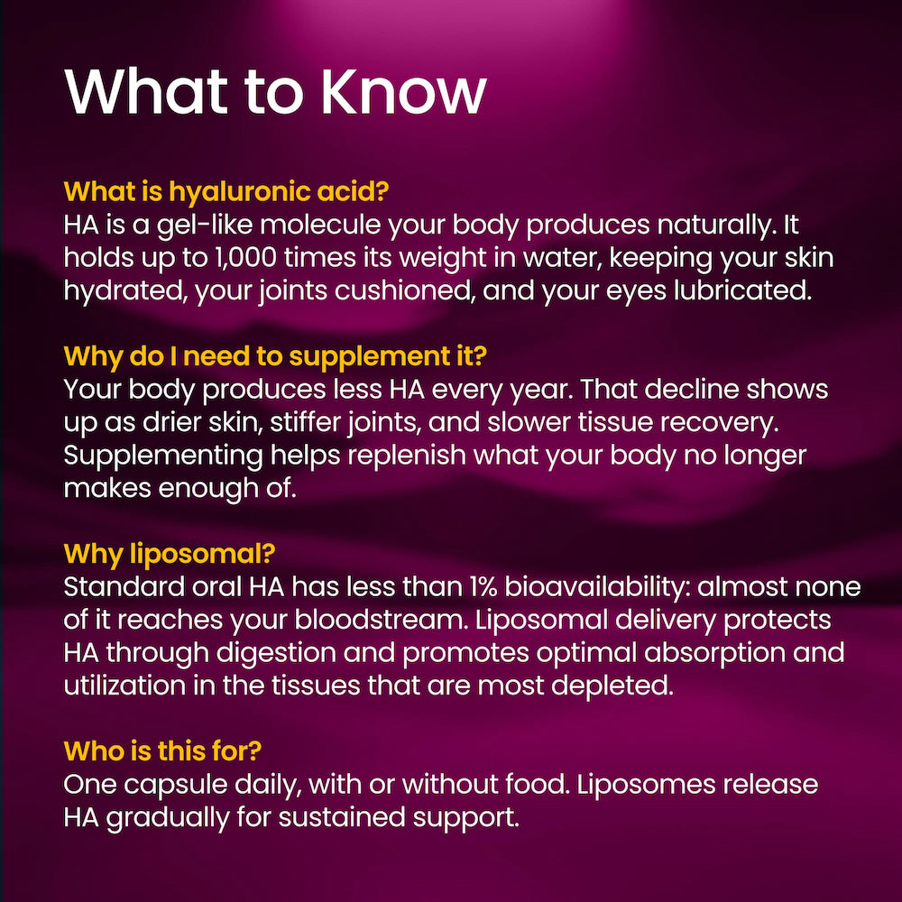 Informational text about hyaluronic acid on a purple background